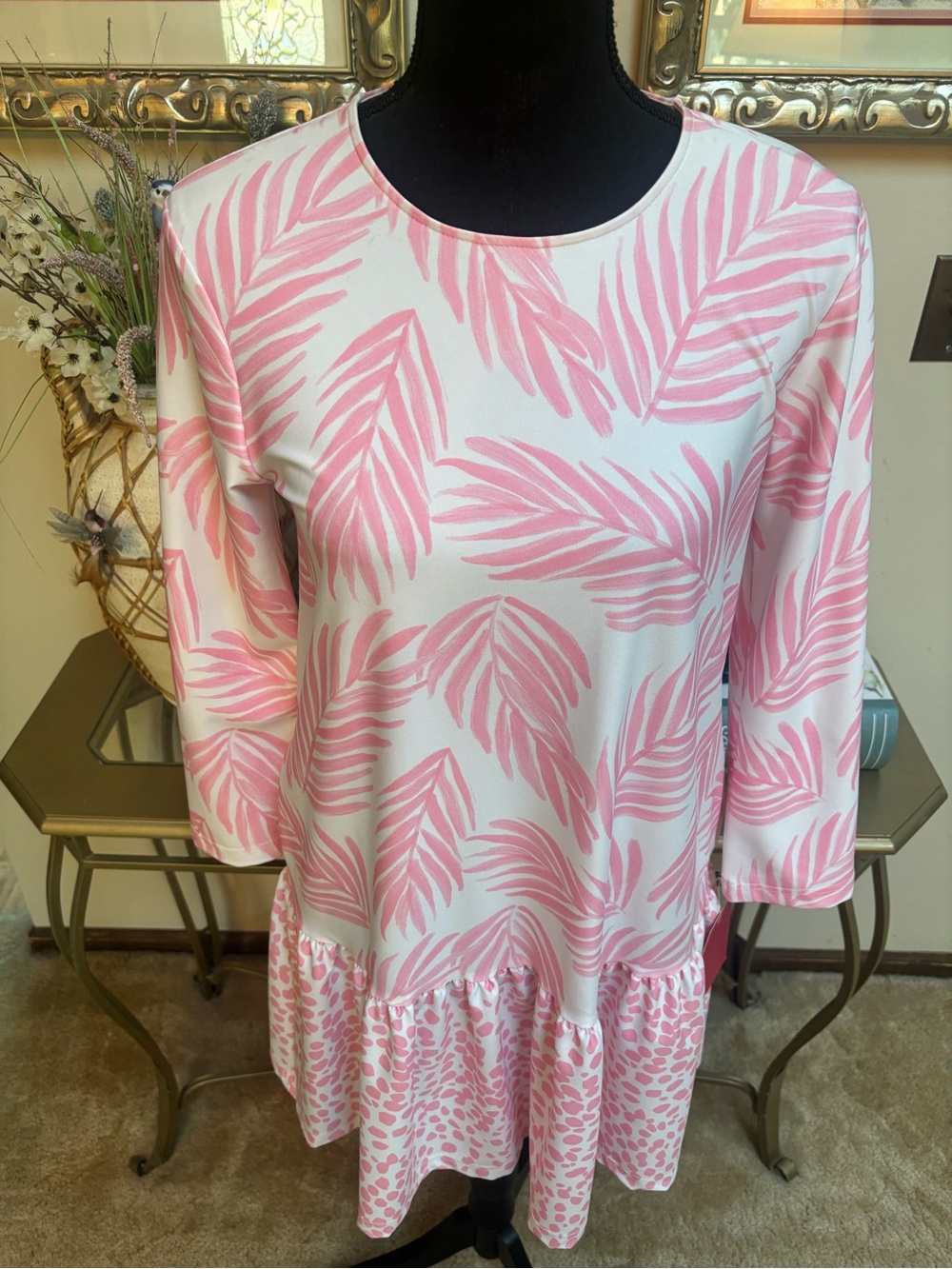 Kaeli Smith Pink & White Tropical Palm-Print Leopard Drop-Waist Dress Size XS-S - Picture 10 of 10